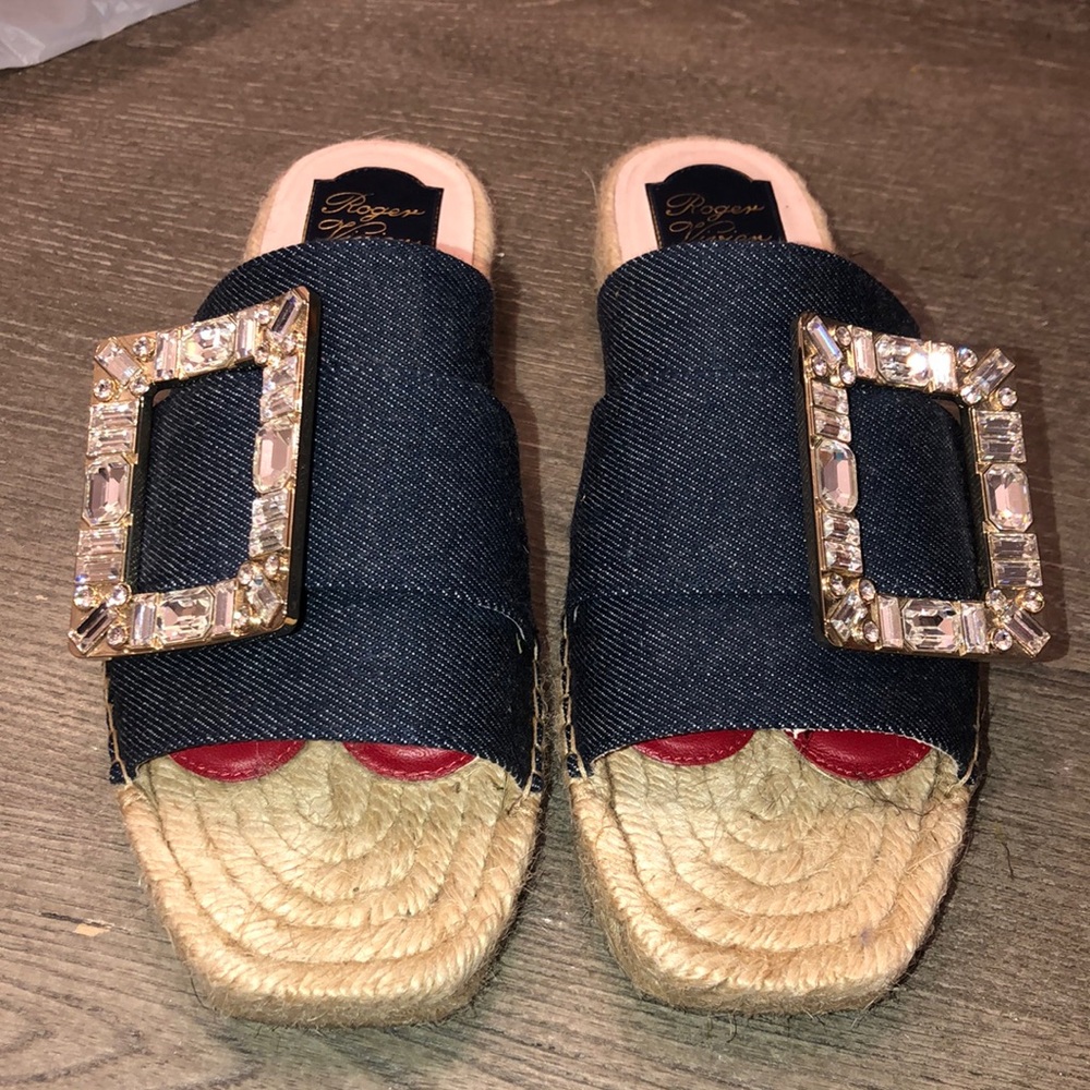 Roger Vivier Paris Denim Strass Rhinestone Buckle Espadrilles size 37 1/2